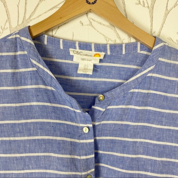 C&C CALIFORNIA 100% Linen Blue Stripe Button-Front Blouse Small Boxy Coastal - Picture 3 of 11